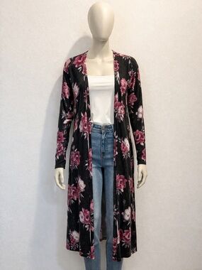 Long Black Floral Open-Front Cardigan Sweater - Pink Rose Print